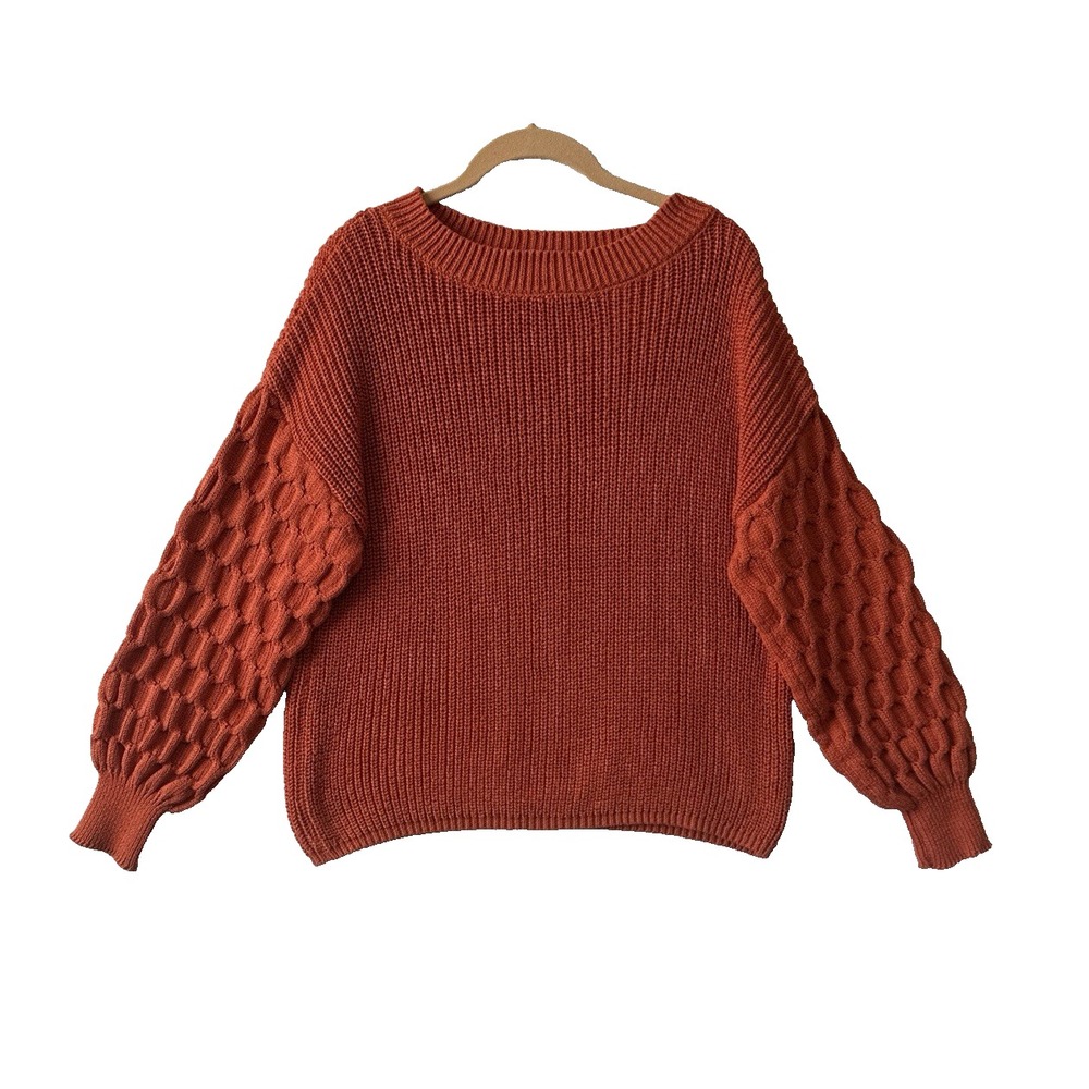 PrettyGarden Chunky Knit Sweater M Burnt Orange Textured Bubble Sleeve Pullover